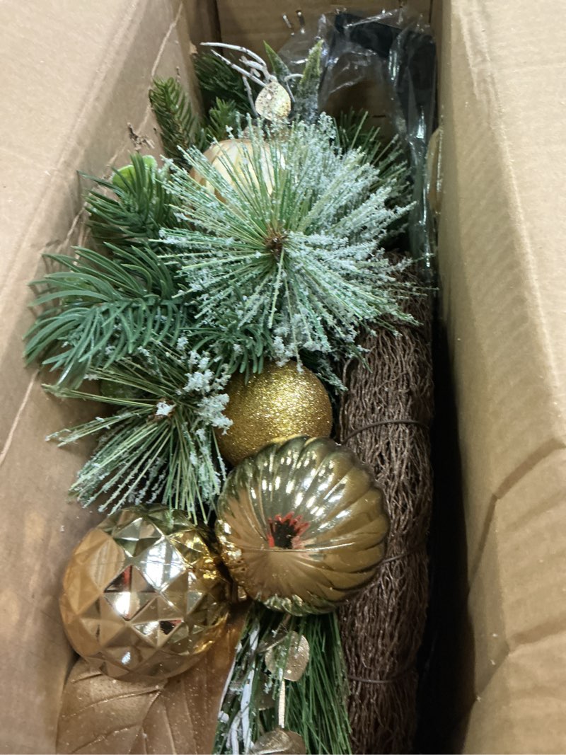 Condition photo showing Good Condition for 24” Christmas Wreath for Front Door with Lights Hanger Golden Ball Artificial Frosted Evergreen Pine Cones Gilded Forest Foliage Winter Outdoor Décor Indoor Wall Decorations