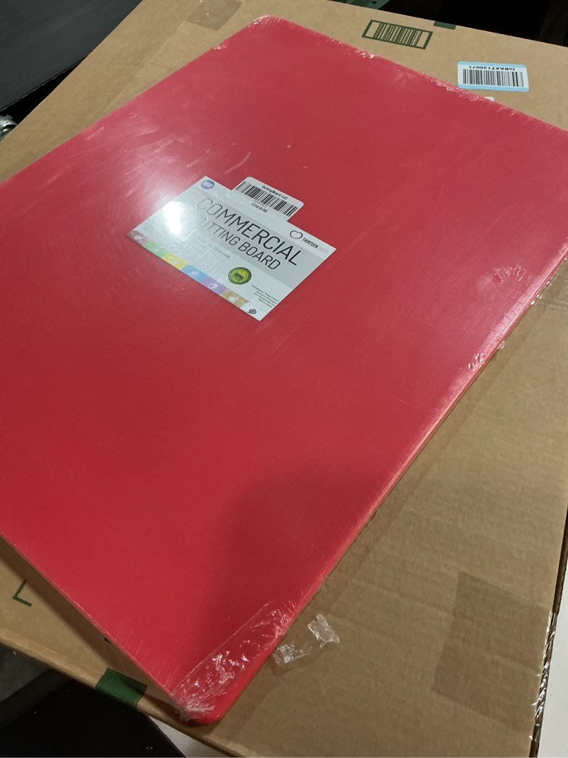 Condition photo showing New/Like New for thirteen chefs extra large 24 x 18 red cutting board - hdpe plastic, 1/2" thick poly for commercial restaurant kitchens, nsf stamped 24"l x 18"w red