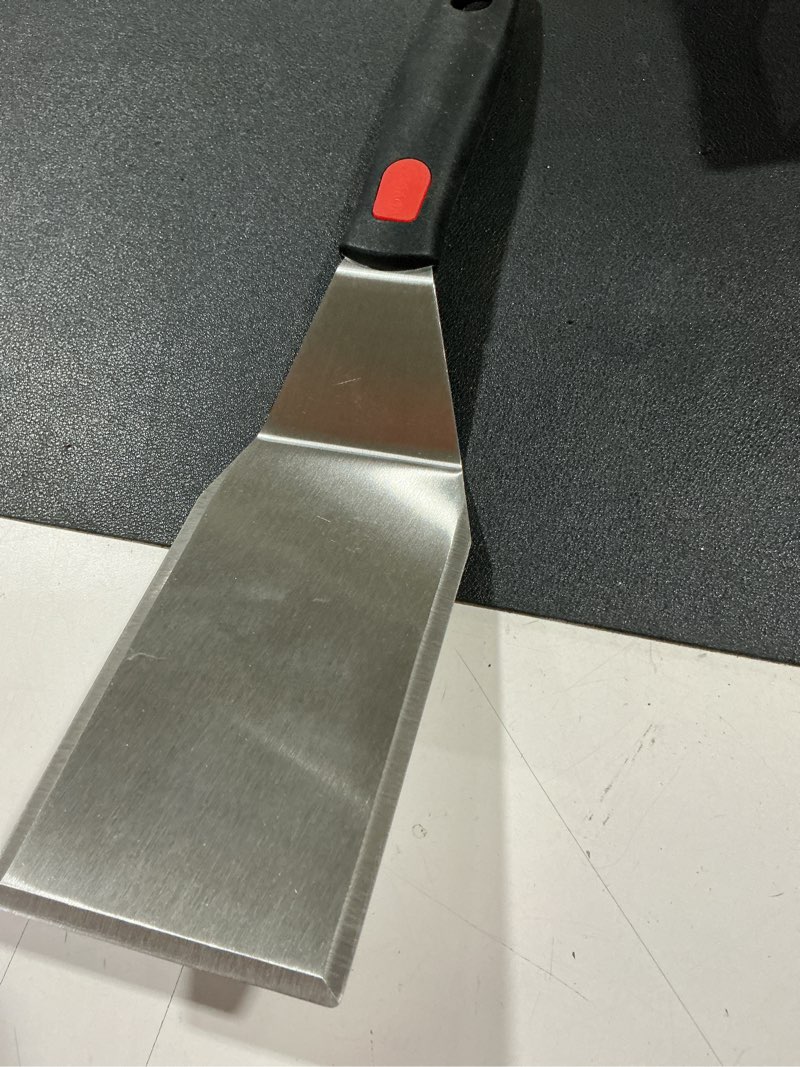 Condition photo showing Good Condition for professional metal spatula for cast iron skillets and flat top grills, full tang silicone handle,thickened stainless steel blade, smash burger spatula turner for flipper, cooking, bbq, 5 x 2.75 inch black