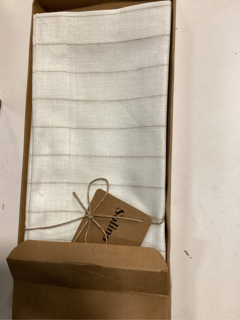 Condition photo showing New/Like New for Solino Home Linen Placemats Set of 4 - Pinstripe Black and White Placemats 14 x 19 Inch - 100% Pure Linen Place Mats for Winter, Spring Black & White 14" x 19" (Set of 4)