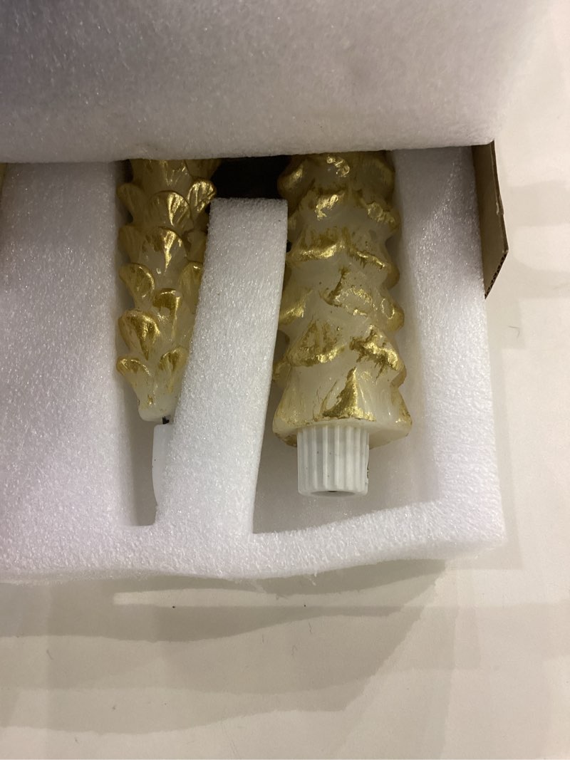 Condition photo showing Good Condition for DN DECONATION LED Christmas Tree Candles Battery Operated with Remote, White and Gold Christmas Tree Shaped Flameless Taper Candles, Tall Candle Sticks for Xmas Table Decor Window Decorations 2PCS