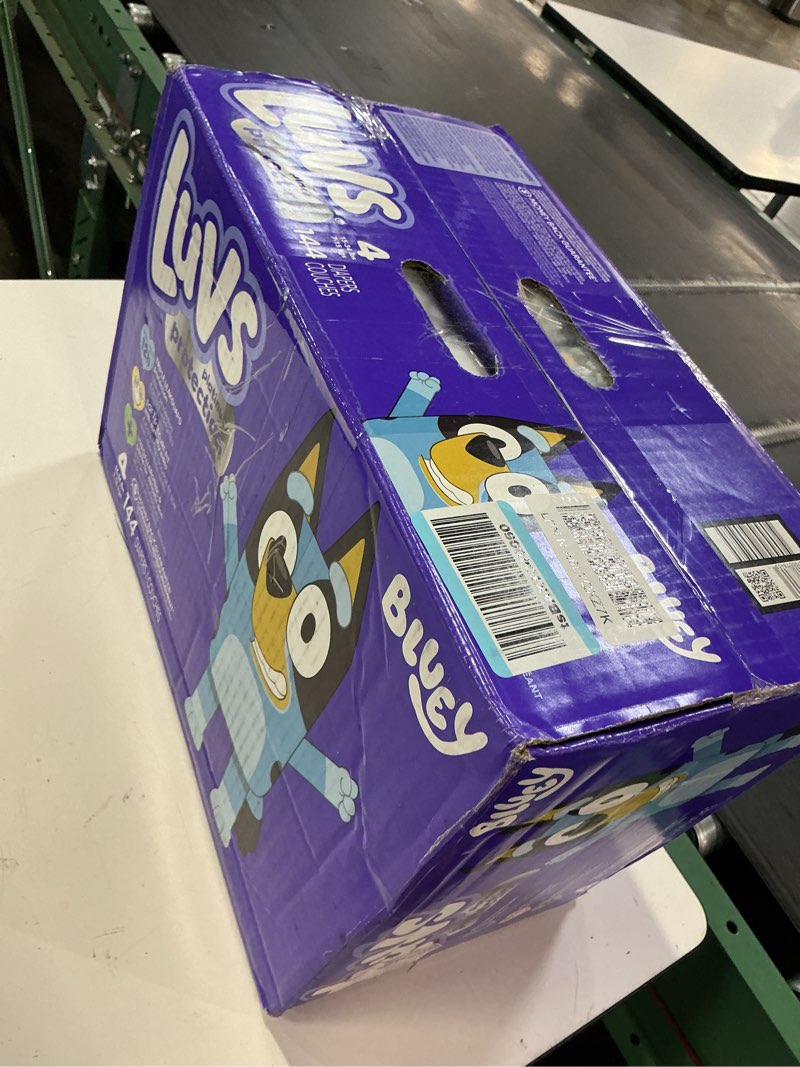 Condition photo showing New/Like New for luvs size 4 baby diapers, platinum protection bluey diapers for day & night, size 4, 144 count (packaging may vary) size 4 144