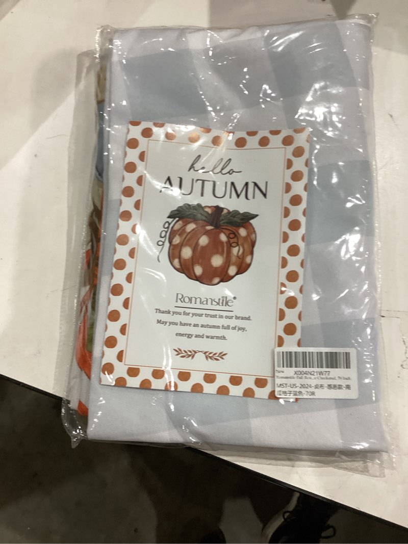 Condition photo showing New/Like New for Romanstile Fall Round Tablecloth, Thanksgiving Autumn Harvest Pumpkin Buffalo Plaid Table Cloth, Stain Resistant Washable Table Cover for Party/Dining/Holiday- Grey Blue Checkered, 70 Inch Pumpkingreyblue 70" (Round)