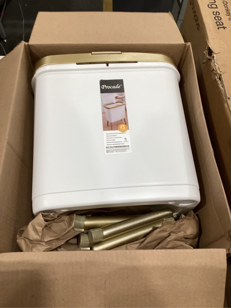 Condition photo showing As Is for procade bathroom trash can with lid, plastic garbage can with lid, 4 gal gold trash bin with push button, narrow white trash can waste basket for bedroom, living room,office?dog proof trash bin
