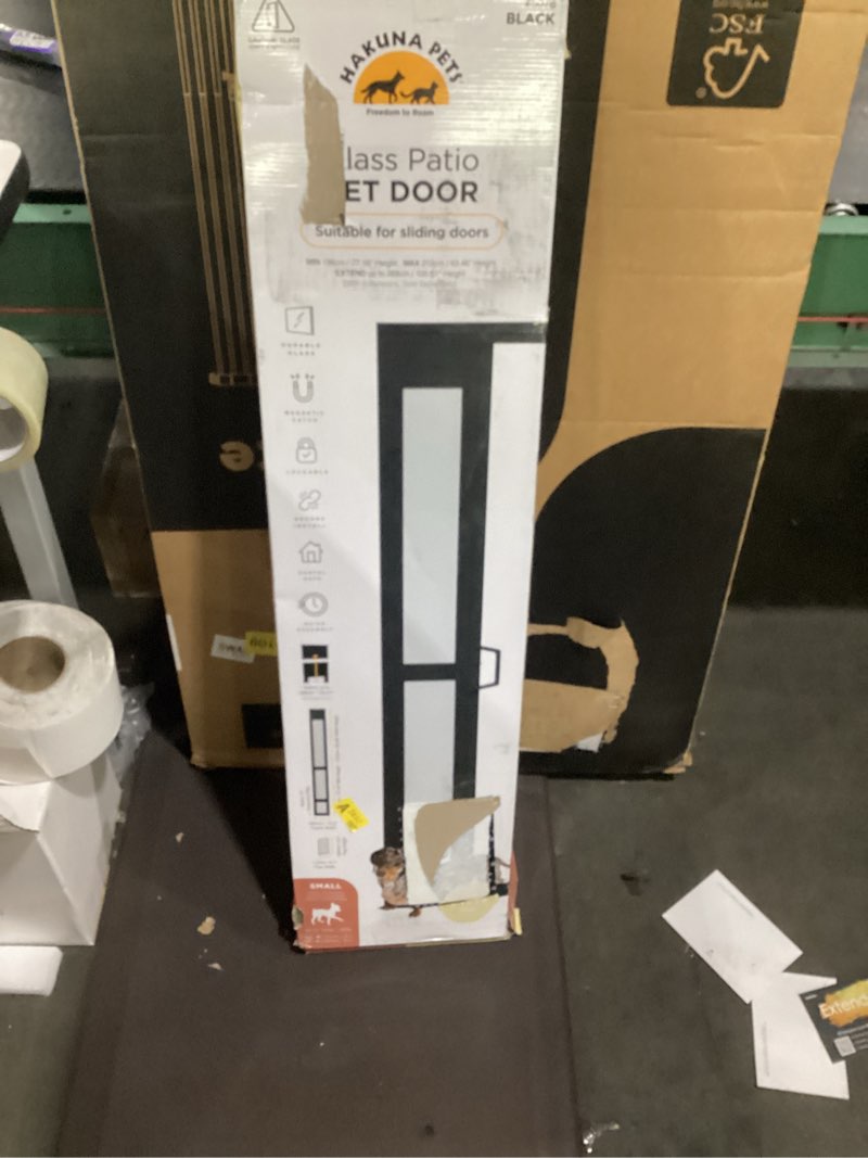 Condition photo showing As Is for hakuna pets black glass patio pet door for sliding glass doors, small | min height 77.2” – 83.5”, damage-free or permanent installation, durable aluminum frame, locking panel included