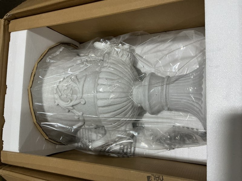 Condition photo showing Good Condition for k&k interiors 29.5 inch white distressed resin urn w/embossed cherubs