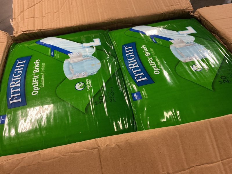 Condition photo showing New/Like New for fitright ultra heavy absorbency adult diapers for men & women, waist size: large 44-56 inches, optifit incontinence disposable briefs with leak protection for seniors, 80 count large 80 count