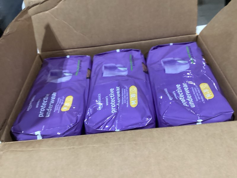 Condition photo showing New/Like New for Amazon Basics Incontinence Underwear for Women, Protective, Disposable, Postpartum, Maximum Absorbency, Medium, Lavender, 60 Count (3 Packs of 20) Medium 60.0