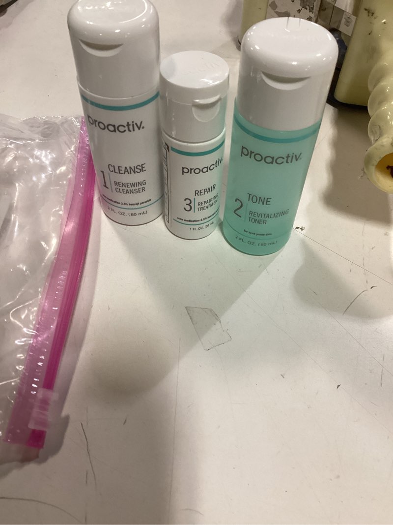 Condition photo showing As Is for Proactiv 3 Step Acne Treatment - Benzoyl Peroxide Face Wash, Repairing Acne Spot Treatment for Face and Body, Exfoliating Toner - 30 Day Complete Acne Skin Care Kit