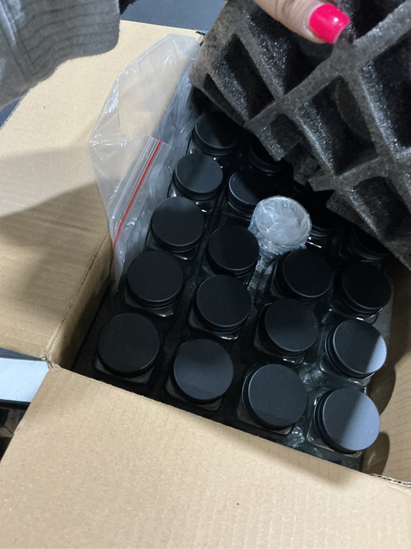 Condition photo showing New/Like New for Glass Spice Jars with Label and Black Aluminum Lids (24 x 4oz) Spice Containers with 240 Labels, Shaker Inserts, Steel Funnel, Empty Square Seasoning Organizer (Black Aluminum Lid)