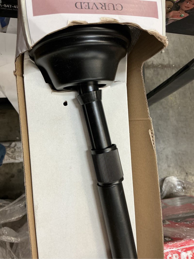 Condition photo showing As Is for allen + roth 44-in to 72-in matte black fixed or tension single curve adjustable shower curtain rod