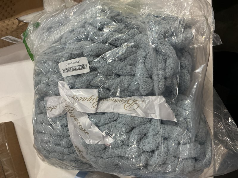 Condition photo showing Good Condition for bigacogo chunky knit throw blanket for couch, 40x40 inches, dusty blue | hand knit with jumbo chenille, soft breathable cable knit for sofa bed living room, machine washable, gift for mom friend dusty blue 40"x40" (small size throw?