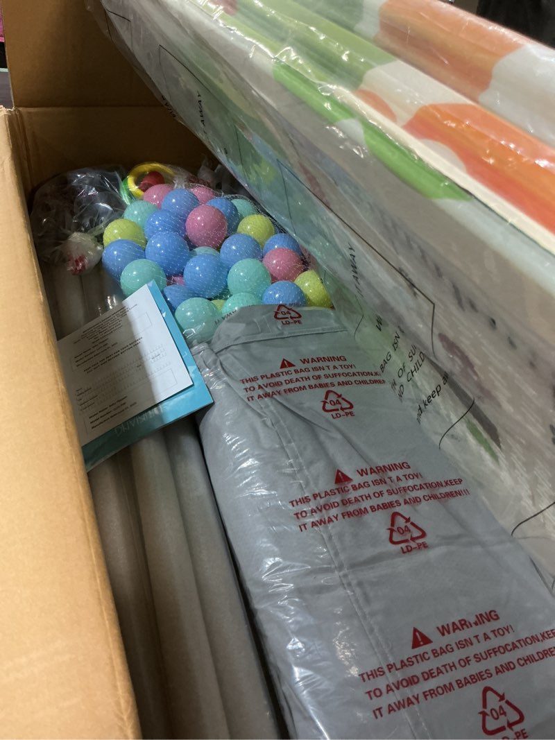 Condition photo showing Good Condition for Baby Playpen 79" X 71", LUTIKIANG Play Yard for Babies and Toddlers with Mat, Safety Extra Large Baby Fence Area, Indoor & Outdoor Kids Activity Play Center with Anti-Slip Suckers and Zipper Gate. Grey 79" x 71" with XPE Mat