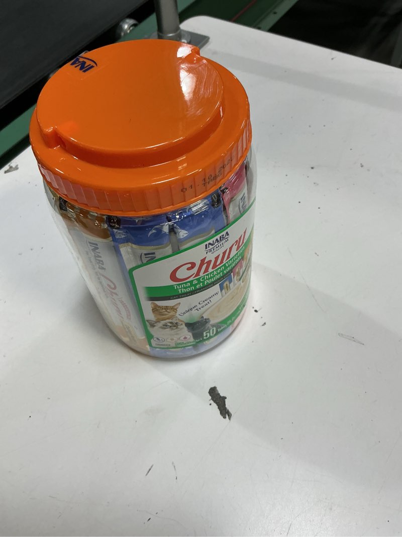 Condition photo showing New/Like New for (Best by 10-2027)INABA Churu Cat Treats, Grain-Free, Lickable, Squeezable Creamy Purée Cat Treat/Topper with Vitamin E & Taurine, 0.5 Ounces Each Tube, 50 Tubes, Tuna & Chicken Variety Tuna and Chicken Variety 0.5 Ounce (Pack of 50)