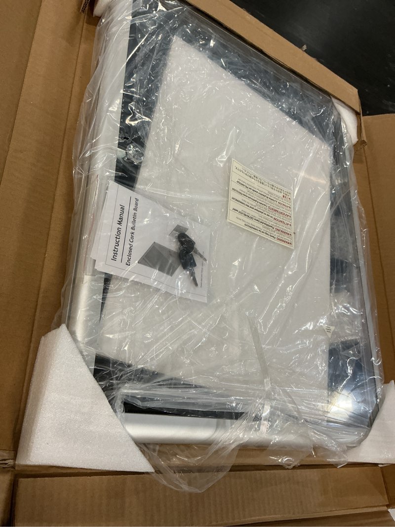 Condition photo showing Good Condition for mifuro 26"x20" enclosed bulletin board, lockable weather-resistant aluminum cork noticeboard for school & office, silver frame w/black flet silver frame w/ black flet 26” x 20”