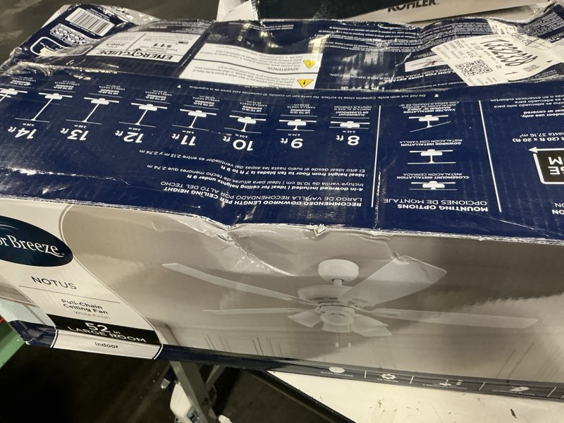 Condition photo showing As Is for 500+ bought last week harbor breeze notus 52-in white with white/driftwood blades ceiling fan with light and pull chain included 5 -blade item #1332338 | model #41949
