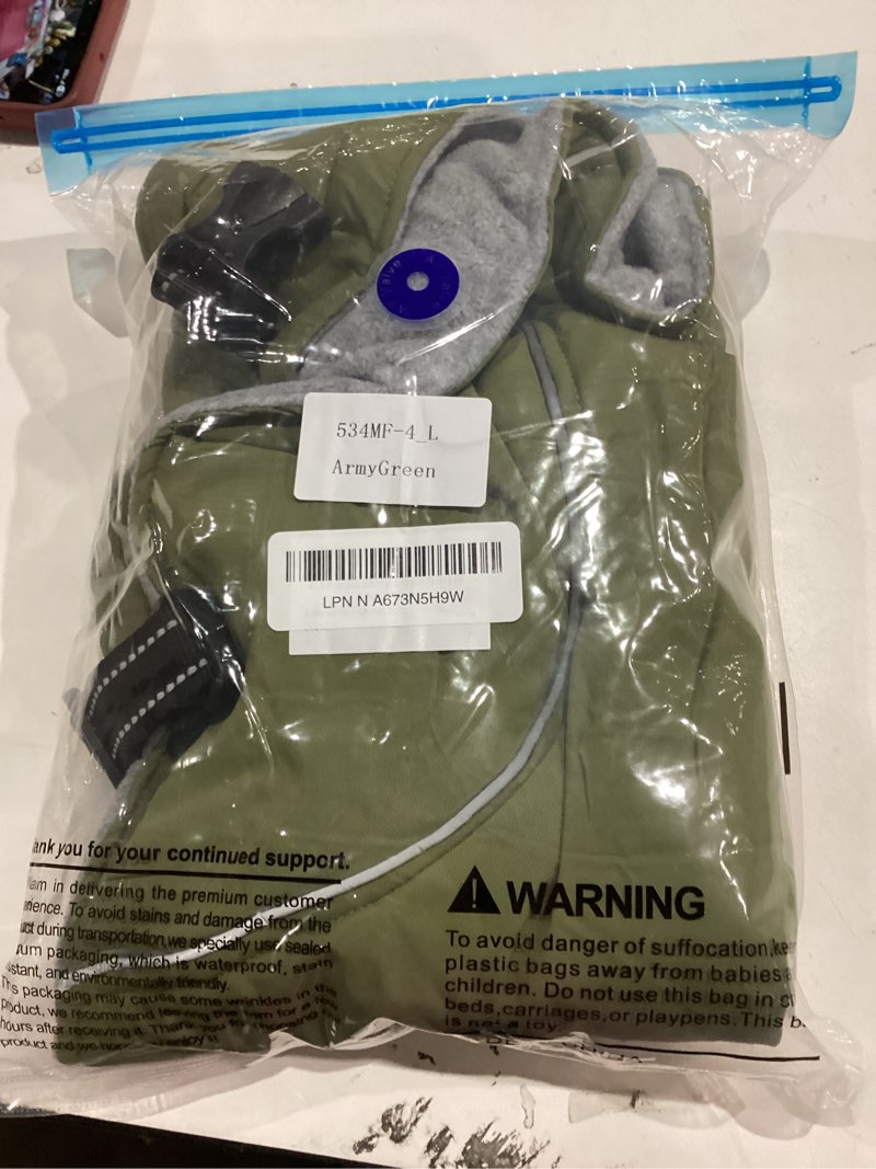 Condition photo showing Good Condition for Lelepet Warm Dog Coat Waterproof Dog Jacket for Large Dogs Reflective Fleece Vest with Adjustable Buckle Hook & Loop Windproof Cold Weather Coats for Small Medium Large Dogs, Army Green, L L Army Green