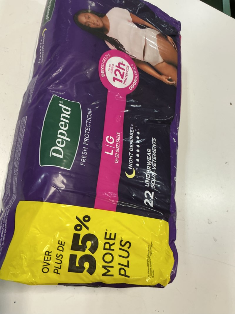 Condition photo showing New/Like New for depend night defense adult diapers, incontinence & postpartum bladder leak underwear for women, disposable, overnight, large, blush, 22 count, packaging may vary large 22