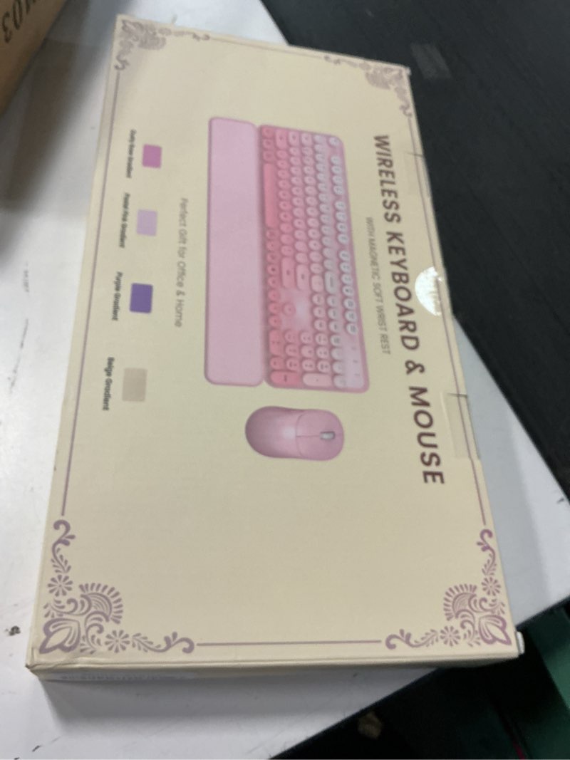 Condition photo showing New/Like New for wireless keyboard and mouse combo, magnetic soft-touch wrist rest, round keycaps, full-size retro typewriter keyboard, 2-stage tilt legs, auto sleep, 2.4ghz cordless for windows pc, beige-brown ombre