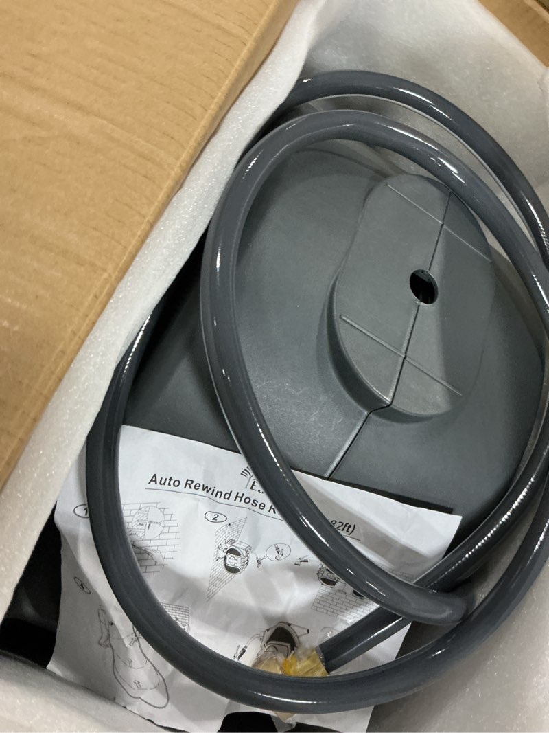 Condition photo showing Good Condition for retractable garden hose reel 1/2 in x82 ft, garden water hose reel with 7- function sprayer nozzle, any length lock/automatic slow return system,180° swivel bracket gray-white 1/2" 82ft