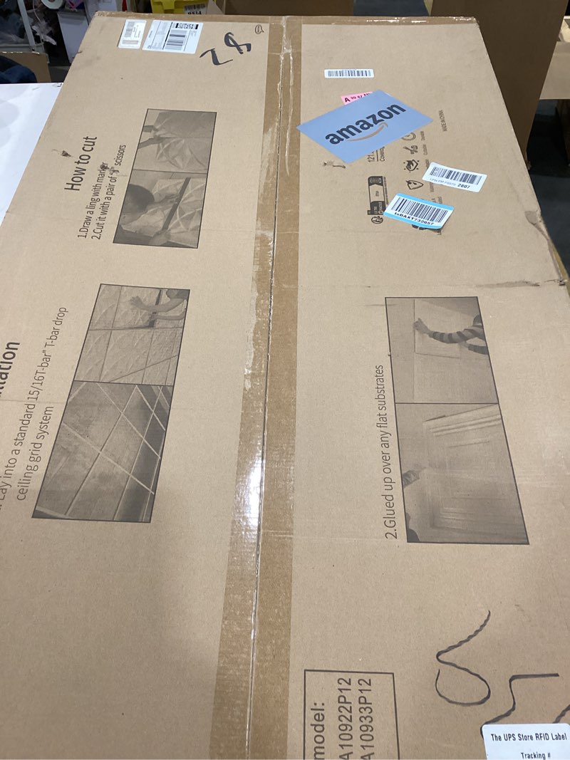 Condition photo showing New/Like New for Art3d 12-Pack Slat Design 3D Wall Panels for Interior Wall Decor, 2x4 FT PVC Decorative Drop Ceiling Tiles - Walnut 24 x 48in. Oblong - Walnut 12