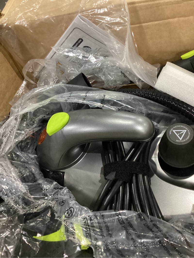 Condition photo showing As Is for heavy-duty steam cleaner - 1500w multipurpose handheld floor steamer with 22 accessories 16ft cord for home, car detailing, tile, grout, carpet, wallpaper, upholstery, window, deep cleaning