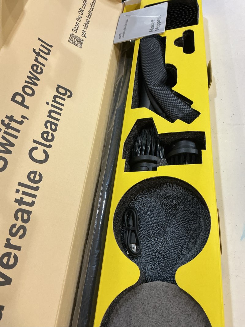 Condition photo showing New/Like New for hoto cordless electric spin scrubber, ipx7 full body waterproof bathroom cleaning brush, max 51  in-lb, shower scrubber brush with long handle, 6 brush heads, power scrubber for bathroom, floor, tile