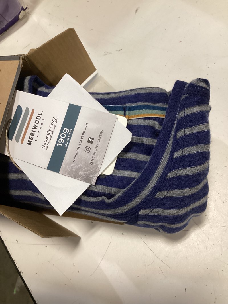 Condition photo showing New/Like New for meriwool mens 100% merino wool base layer lightweight long sleeve thermal shirt small blue sea stripe small