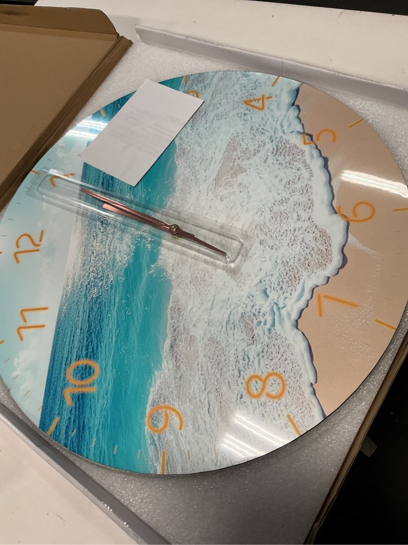 Condition photo showing Good Condition for Extra Large Coastal Wall-Clock 20 Inch Blue Beach Wall Clock Round Wooden Silent Clocks for Living Room, Kitchen, Office Wall Decor Battery Operated Sunrise Beach 20inch