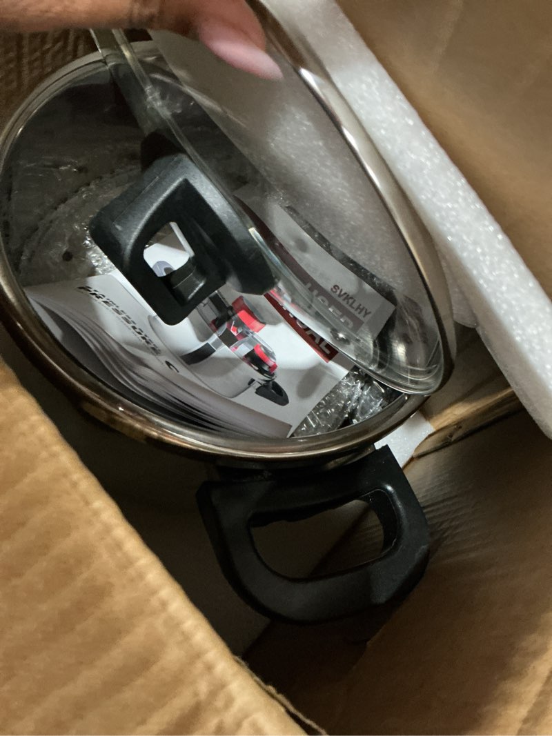 Condition photo showing As Is for 18/8 stainless steel pressure cooker 6 quart, [one-hand locking] olla de presion, [3-in-1] pressure cooker, includes glass lid & steamer, induction compatible, gas stovetop compatible 6 quarts