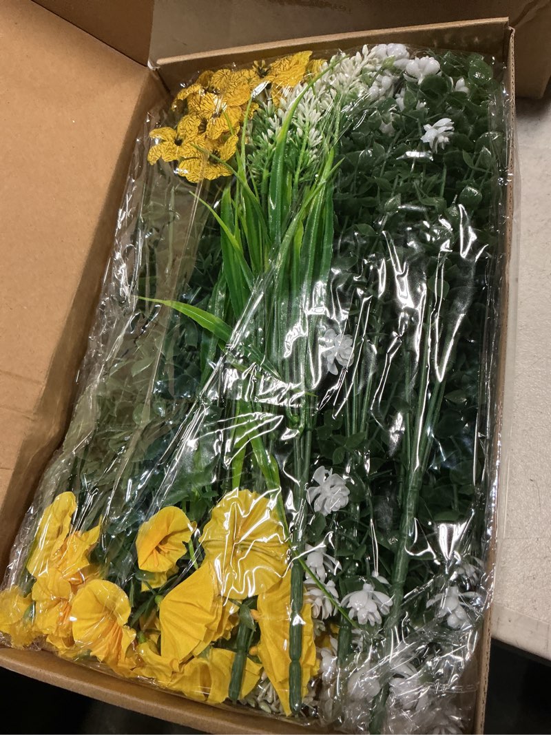 Condition photo showing New/Like New for 16 bundles artificial flowers for outdoors, uv resistant silk faux flowers for outside planters,garden,porch,patio,yard,home decor(blue&yellow) blue&yellow 16