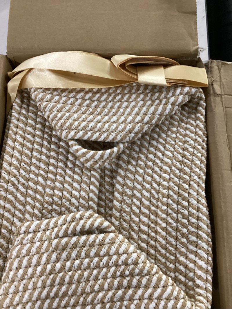 Condition photo showing Good Condition for 5 pack decorative small storage baskets for shelves, cotton rope woven basket for organizing bathroom, nursery, closet, cabinet, toys & socks, gift baskets empty, 11.8"x7.9"x4.7", khaki