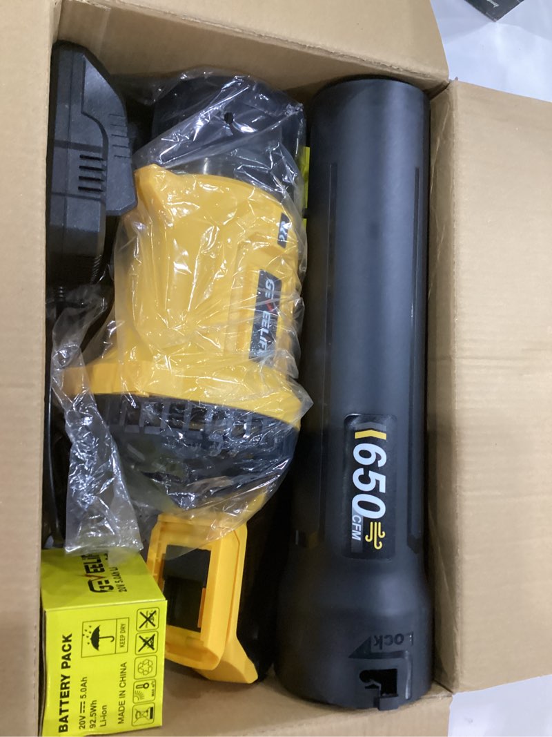 Condition photo showing Good Condition for geveelife leaf blower cordless, 650cfm & 3 speed levels, electric cordless leaf blower with 2 * 5.0ah battery powered, blowers for lawn care, yard, blowing leaves, dust, snow yellow