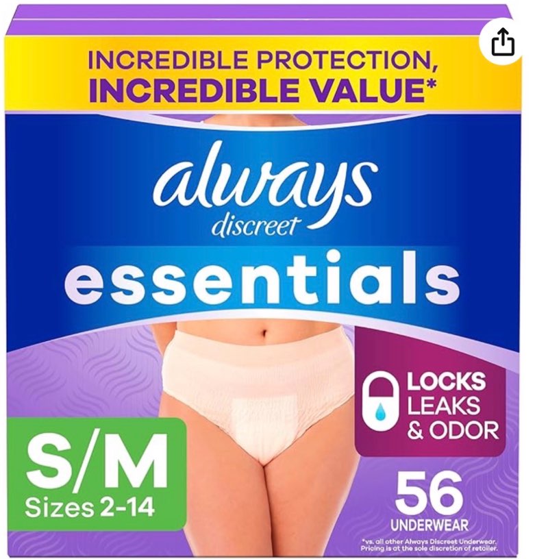 always discreet essentials adult diapers for women, postpartum essentials, disposable briefs, unscented incontinence underwear bladder leak protection, size s/m,42 underwear culottes