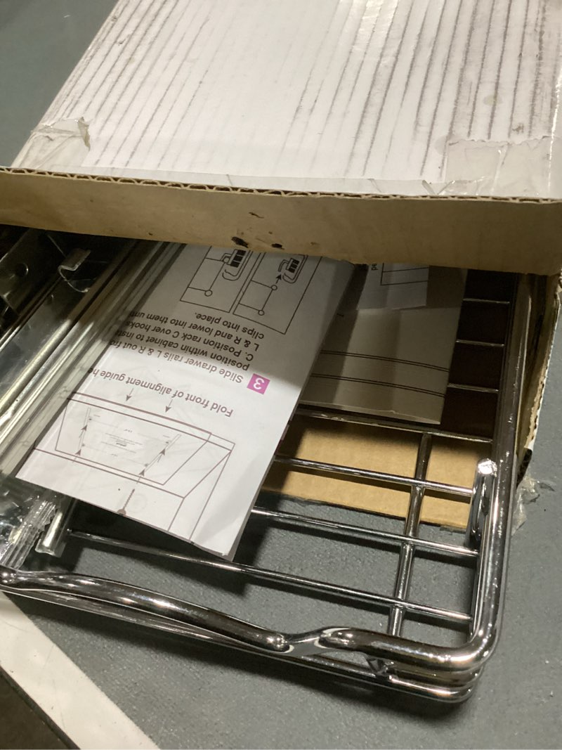 Condition photo showing Good Condition for holdn’ storage pull out cabinet organizer, heavy duty caddy w/lifetime limited warranty - 8”w x 21”d - requires at least 9-1/4” cabinet opening, steel metal cabinet drawers slide out, chrome 8"w x 21"d
