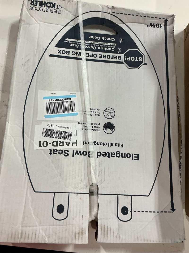 Condition photo showing New/Like New for kohler k-27331-0 glissade readylatch quiet close elongated toilet seat, white, grip-tight hardware, quiet close lid prevents slamming white elongated