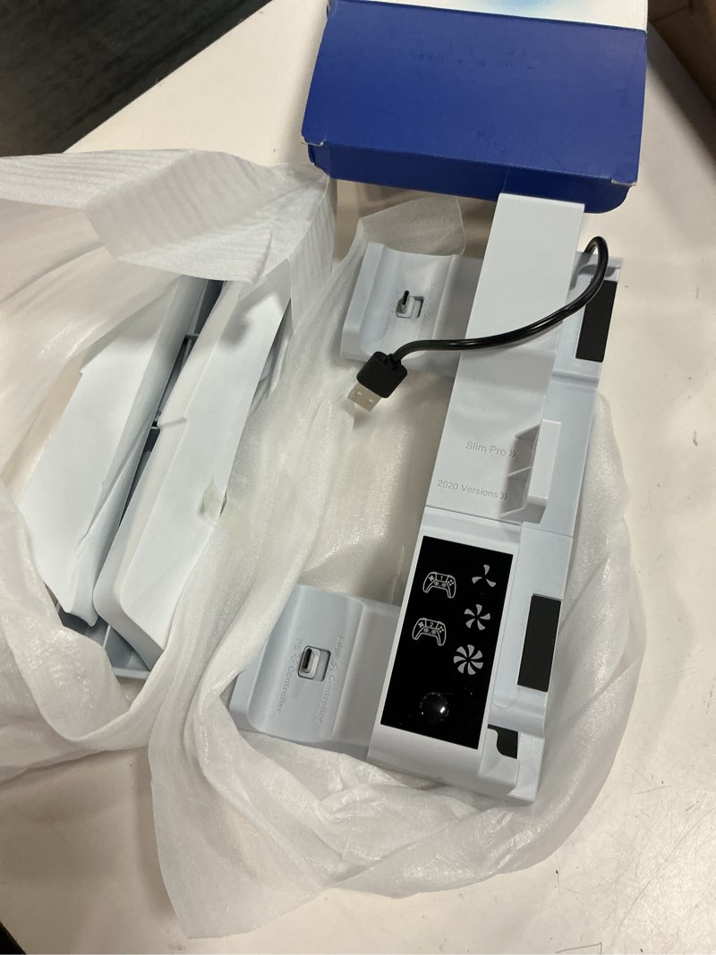 Condition photo showing Good Condition for ps5/slim/pro horizontal stand with cooling fan & charger for original & edge controllers, scalable design ps5 accessories base with eva foams for all ps five disc & digital, ps 5 sideways stand white white m