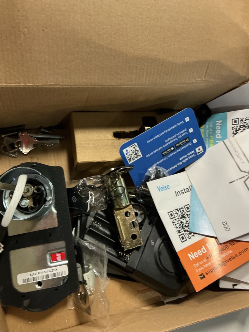 Condition photo showing As Is for veise ve017-h fingerprint smart front door lock set, app control, 8-in-1 keyless entry deadbolt with zinc alloy handles, emergency power port, touchscreen keypad, auto lock, easy install, matte black