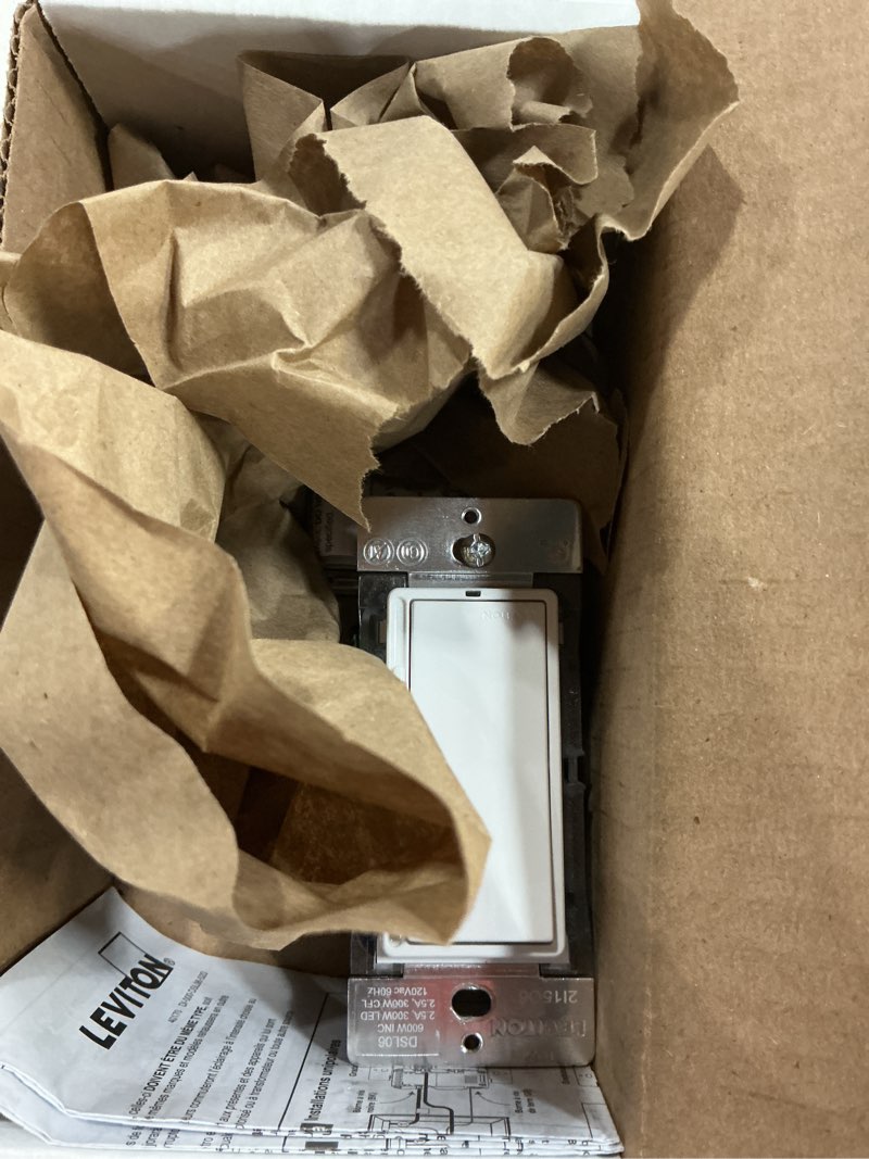 Condition photo showing As Is for leviton decora slide dimmer switch for dimmable led, halogen and incandescent bulbs, dsl06-1lz, white with ivory and light almond faceplates 1 pack dimmer