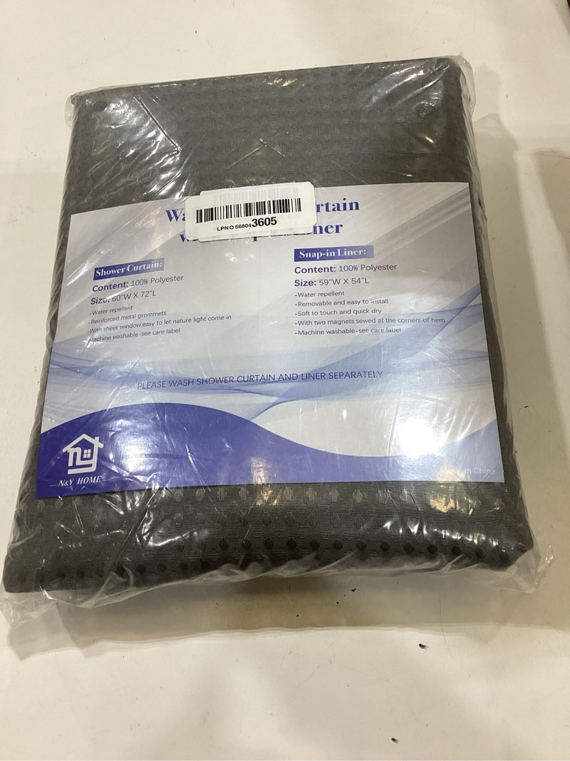 Condition photo showing New/Like New for n&y home 60 inch waffle weave shower curtain with snap-in fabric liner & 12 metal hooks set - 60" x 72" shower stall size, hotel style & mesh top window, machine washable - gray, 60x72 grey 60"w x 72"l (pack of 1)
