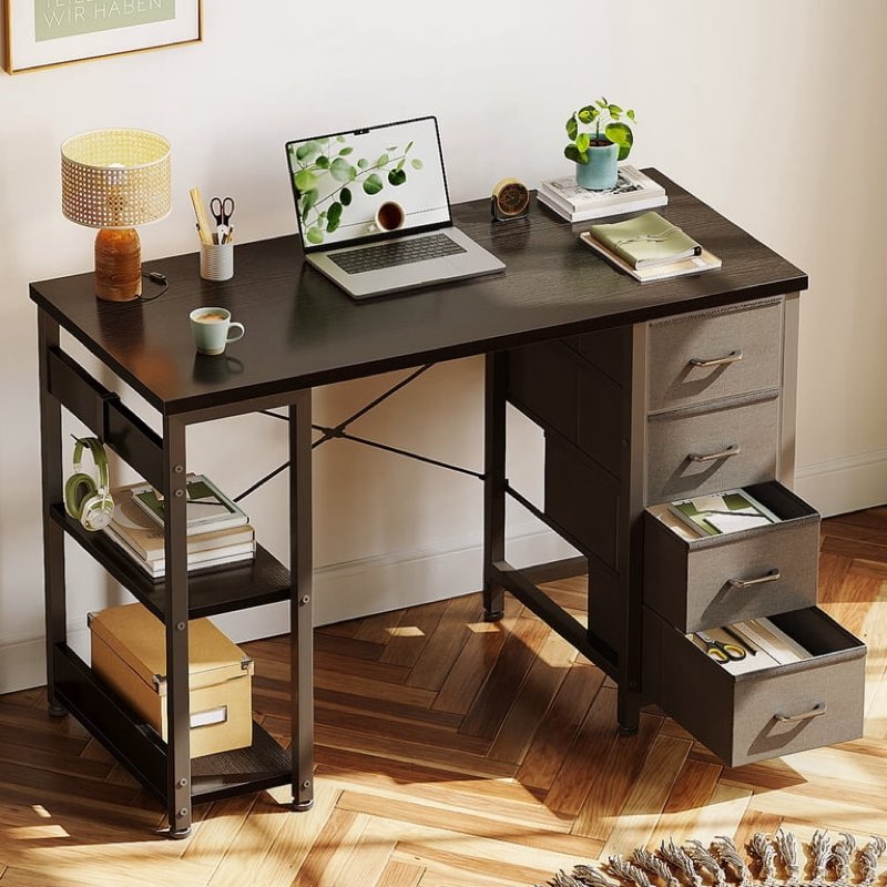 casacomoda computer desk with drawers & storage shelves, 40 inch corner desk for home office bedroom, small teen pc desks with fabric drawer, black 