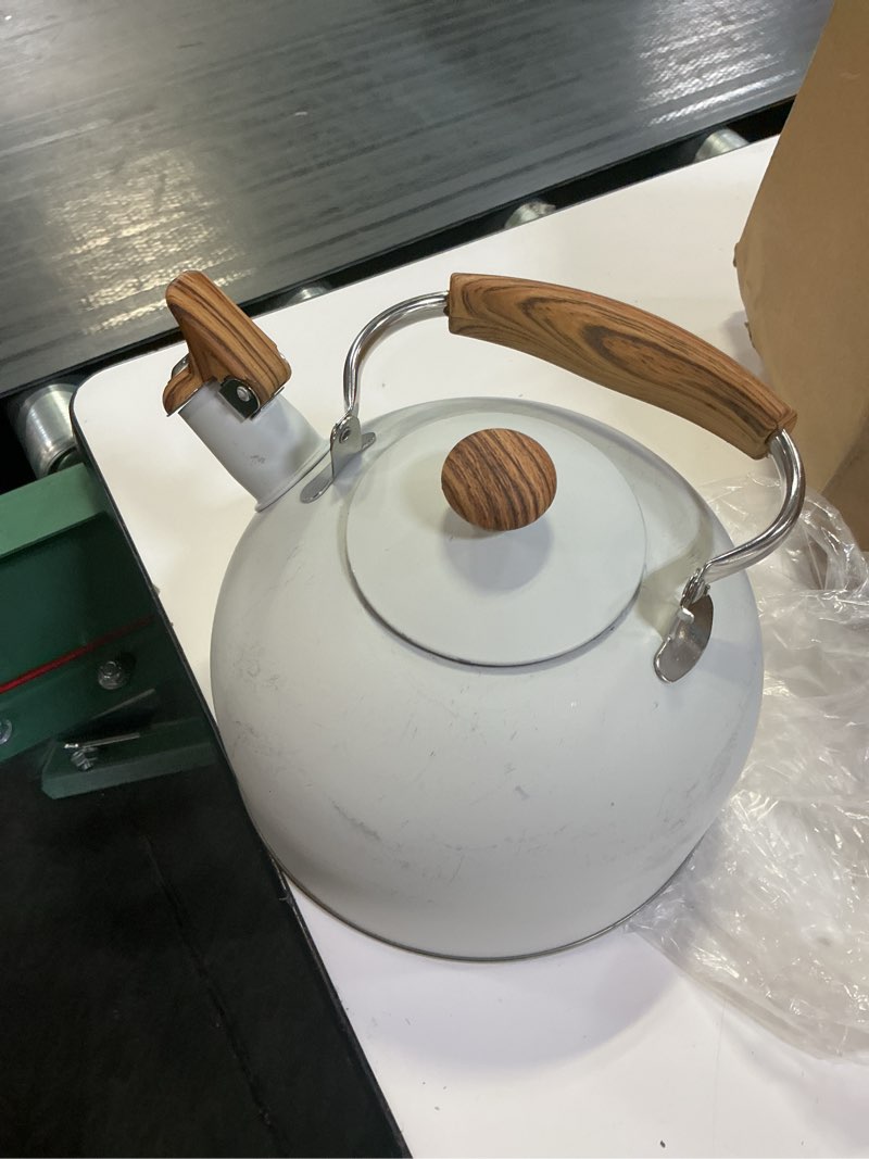 Condition photo showing As Is for 2.6 quart tea kettle stovetop whistling for stove top, food grade stainless steel tea kettles with cool wood pattern handle, cream cream 2.6 quarts