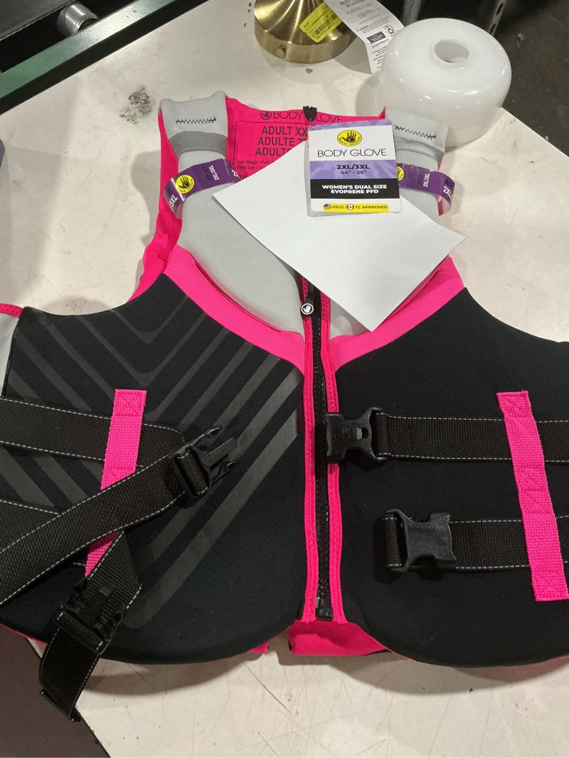 Condition photo showing As Is for body glove women's adult neoprene pfd life jacket and vest, dual size 2xl/3xl, pink