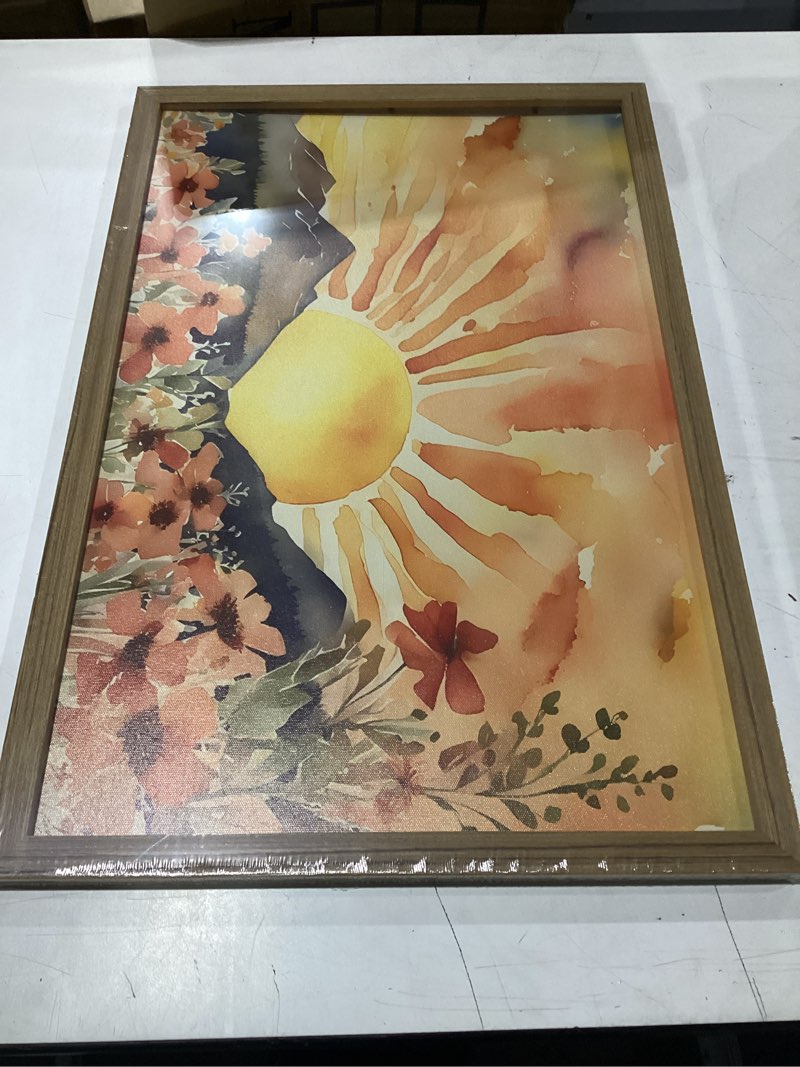 Condition photo showing New/Like New for framed sunset boho wall art for living room - modern abstract floral canvas picture boho wall decor, sun landscape aesthetic painting poster prints for bedroom home office 16x24 inch sunset glow framed 24"l x 16"w