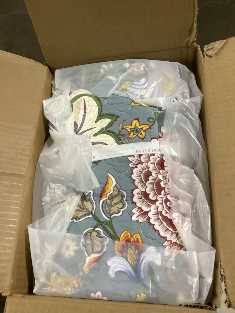 Condition photo showing Good Condition for Levtex Home Angelica Reversible King/Cal King Quilt Set (106x92in) and 2 Pillow Shams (36x20) - Bedding - Blue Grey, Coral - Cotton King Size Quilt Bedding Set - Lightweight, Soft, Pre-Washed Grey Quilt - King