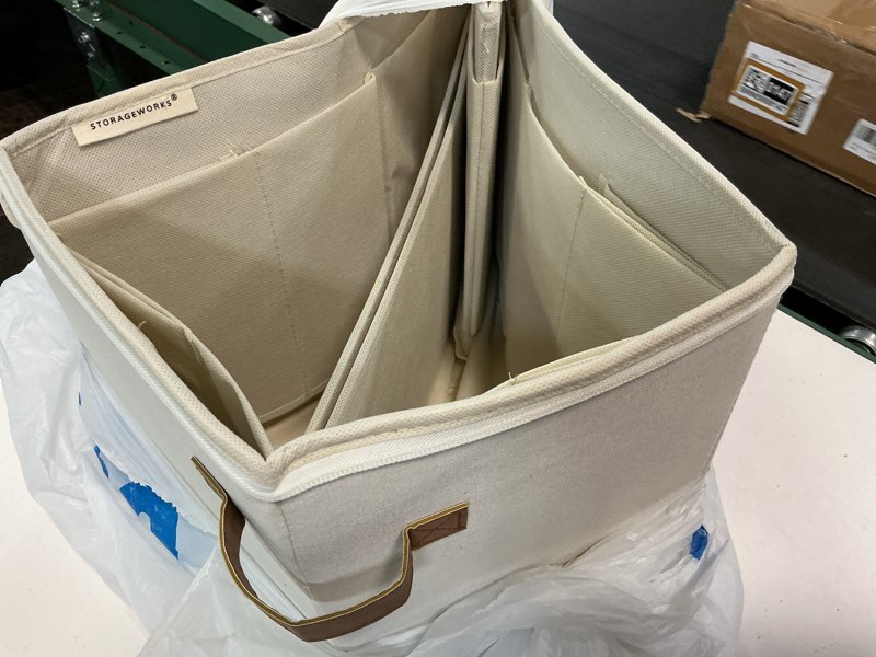 Condition photo showing As Is for storageworks shoe organizer for closet, fits up to 16 pairs, shoe cubby storage containers with adjustable dividers and clear cover, beige beige medium