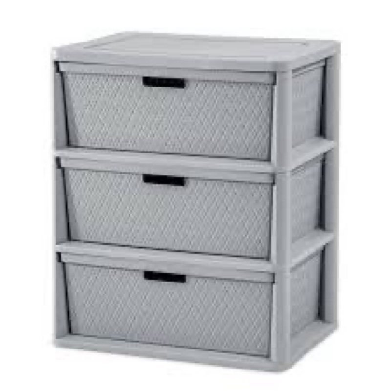 sterilite wide 3 drawer tower, plastic storage organizer with removable decorative bins, easy to assemble - no tools needed, gray