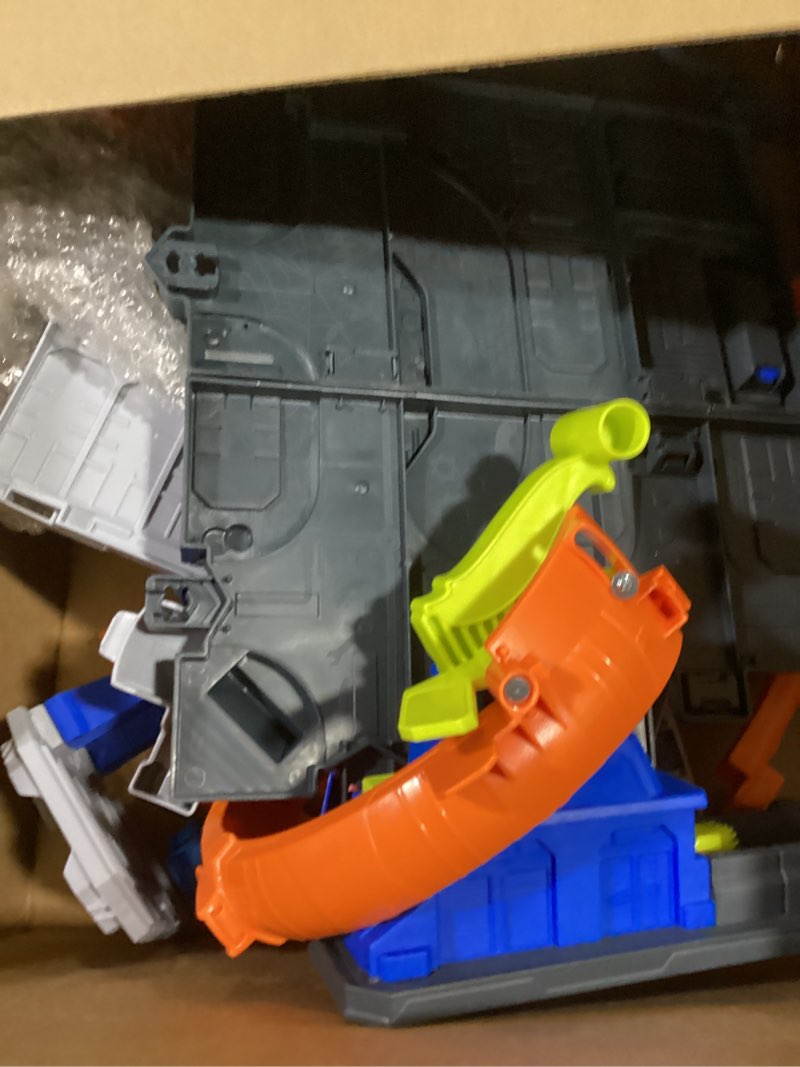 Condition photo showing Good Condition for hot wheels toy car track set with die-cast car & helicopter, 2 loops, storage for 36 1:64 scale vehicles, speed snap adapters, mega loop garage