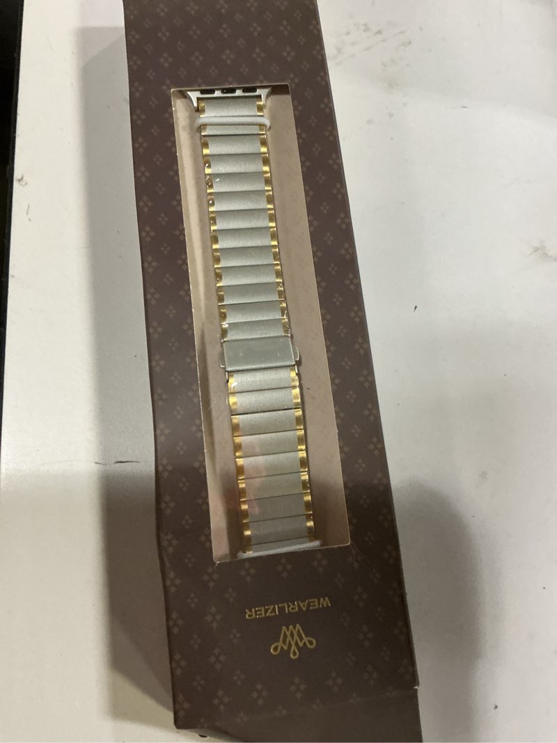 Condition photo showing Good Condition for Wearlizer Two Tone Metal Band Compatible with Apple Watch Bands 40/38/41/42/44/45/46/49mm Women Men, Dressy Rectangular Chain Design Durable Stainless Steel Bracelet for iWatch Series 11-1/SE/Ultra Starlight/Gold 42mm-(Series 11 10)/41mm/40mm/38mm