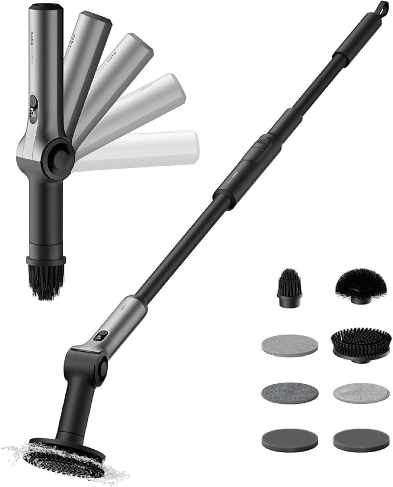 hoto flexi™ cordless electric spin scrubber, for bathtub, bathroom, tile | adjustable angle, extendable handle, smart display, ipx7 waterproof, powerful cleaning scrubber with 8 brush heads